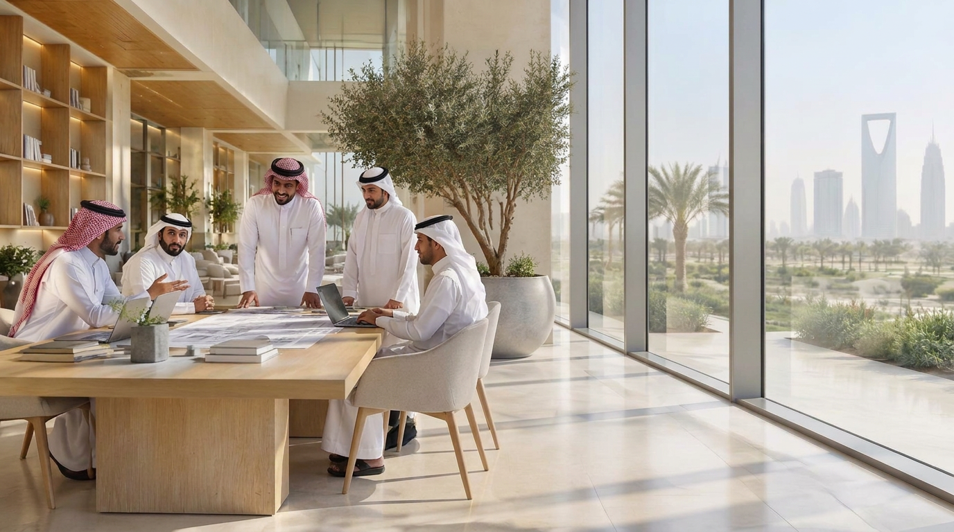 فريق من المهنيين السعوديين يتعاون في مساحة عمل مشتركة